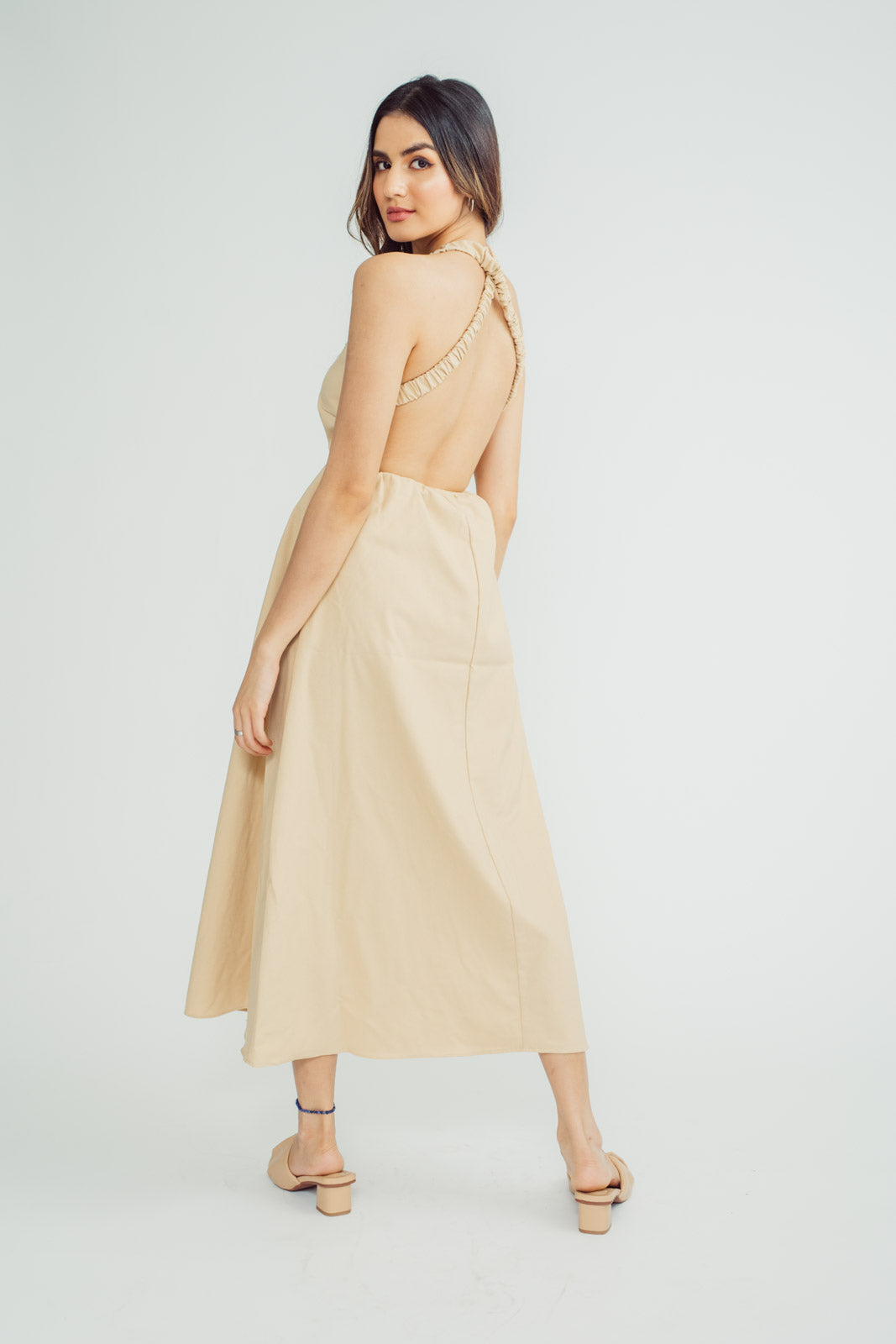Rona Beige Linen Sleeveless Elastic Crisscross Strap Back Maxi Dress