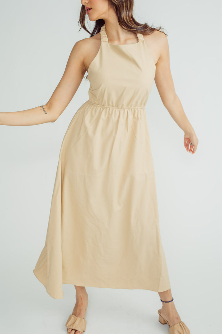 Rona Beige Linen Sleeveless Elastic Crisscross Strap Back Maxi Dress
