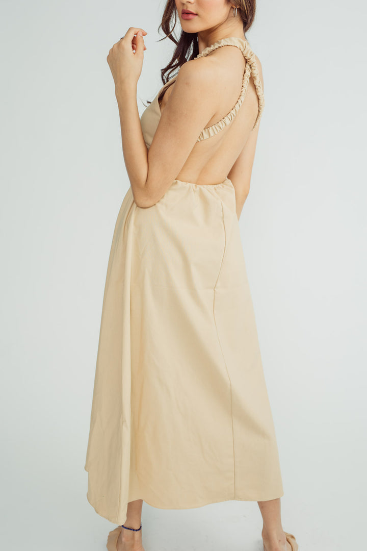 Rona Beige Linen Sleeveless Elastic Crisscross Strap Back Maxi Dress