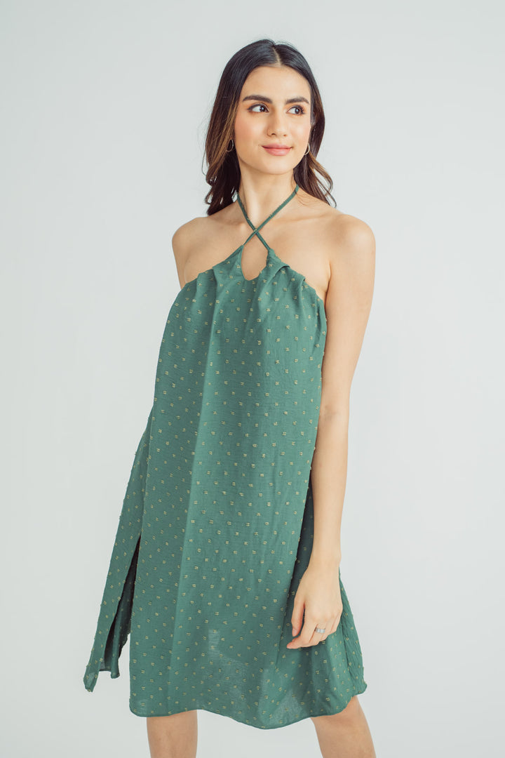 Samantha Moss Green V Neck Halter Self Tie Open Back Midi Dress with Slit