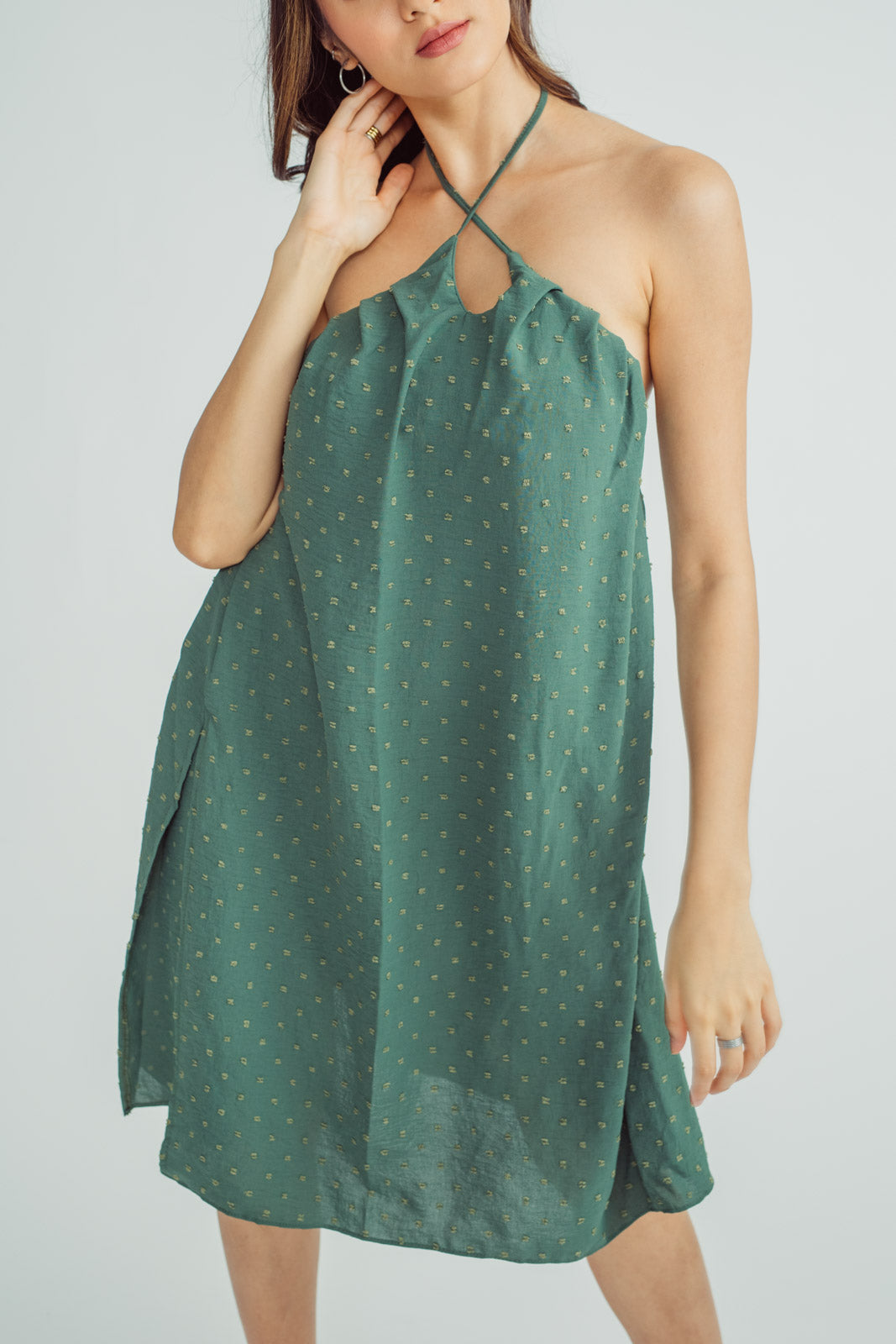 Samantha Moss Green V Neck Halter Self Tie Open Back Midi Dress with Slit