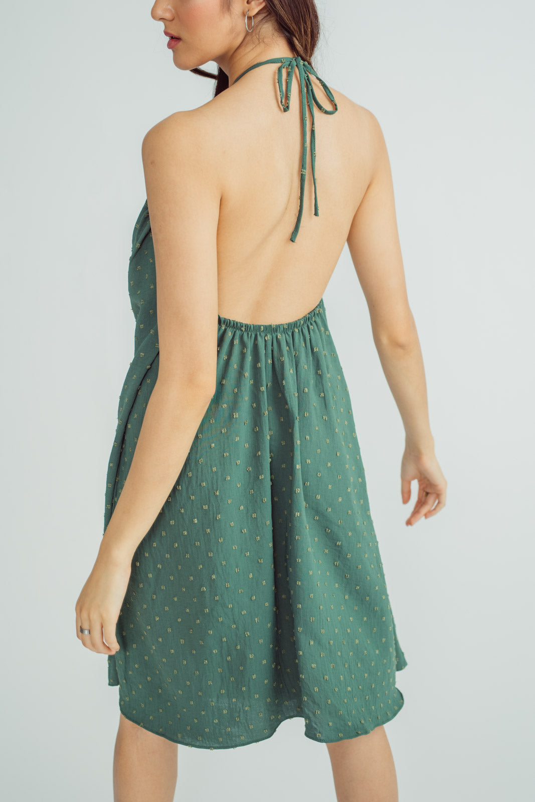 Samantha Moss Green V Neck Halter Self Tie Open Back Midi Dress with Slit