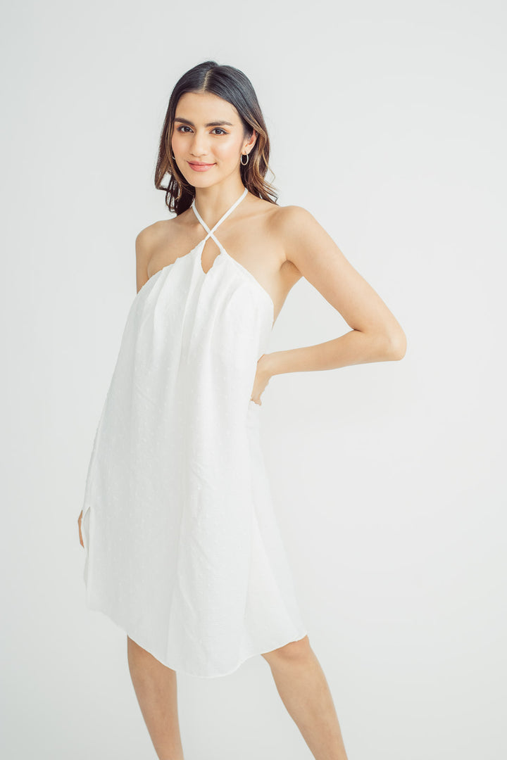 Samantha White V Neck Halter Self Tie Open Back Midi Dress with Slit