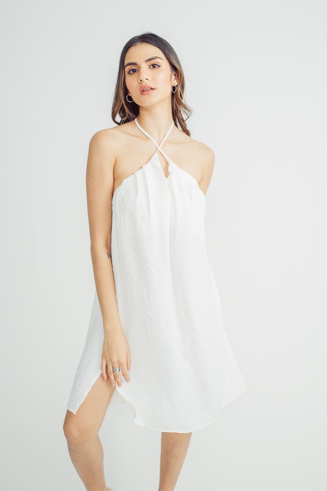 Samantha White V Neck Halter Self Tie Open Back Midi Dress with Slit