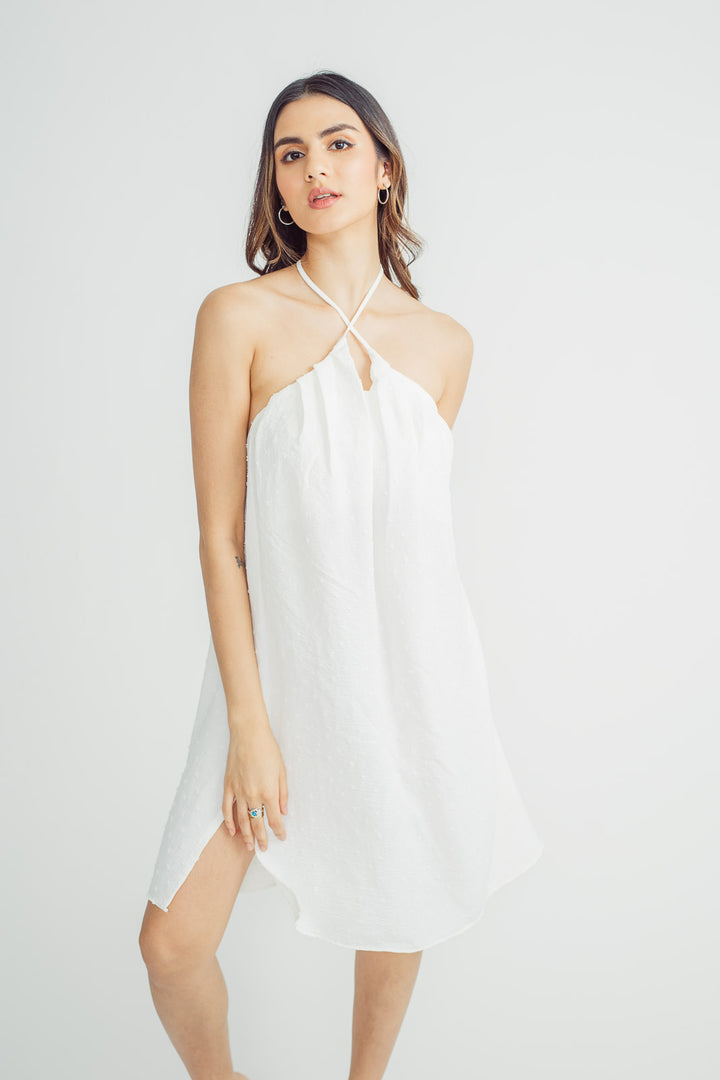 Samantha White V Neck Halter Self Tie Open Back Midi Dress with Slit
