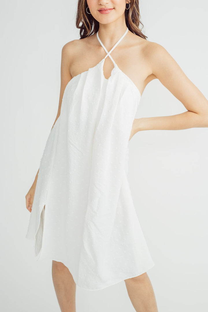 Samantha White V Neck Halter Self Tie Open Back Midi Dress with Slit
