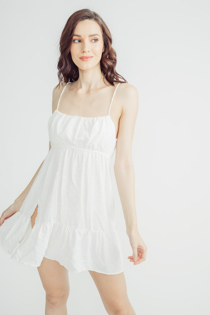 Liza White Sleeveless Elastic Waist Ruffle Hem Mini Dress with Slit