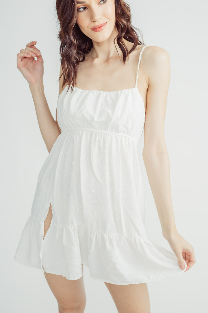 Liza White Sleeveless Elastic Waist Ruffle Hem Mini Dress with Slit