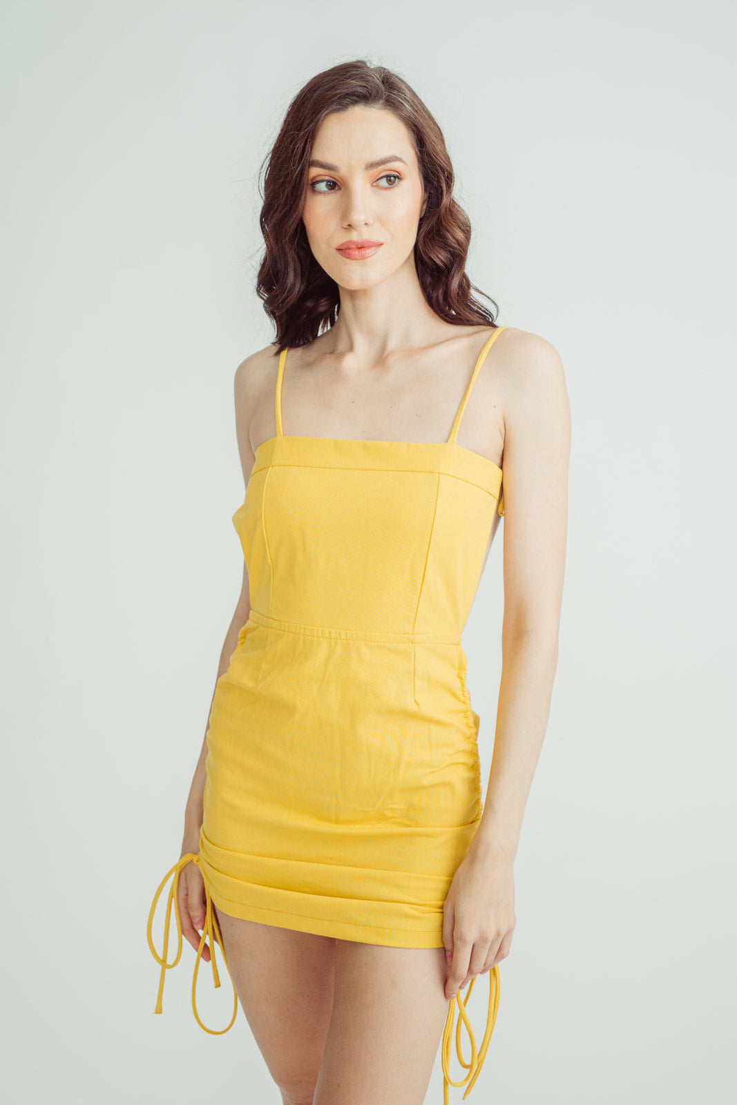 Kathryn Mustard Linen Sleeveless Self Tie Open Back Adjustable Sides Mini Dress