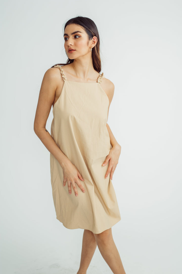 Yolly Beige Linen Halter Sleeveess Ruffle Straps Sexy Back Mini Dress