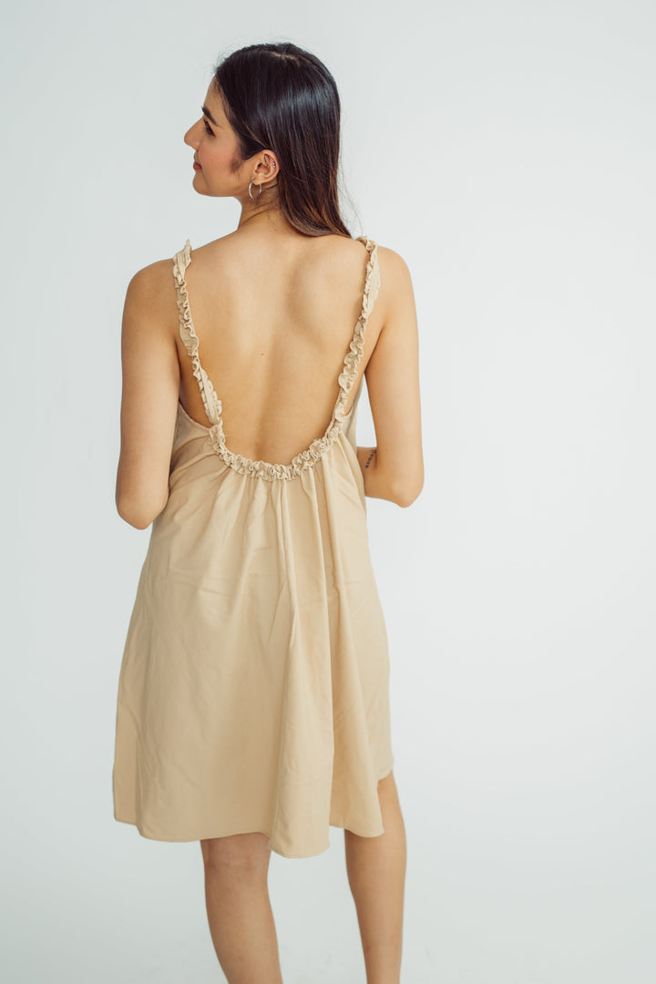 Yolly Beige Linen Halter Sleeveess Ruffle Straps Sexy Back Mini Dress