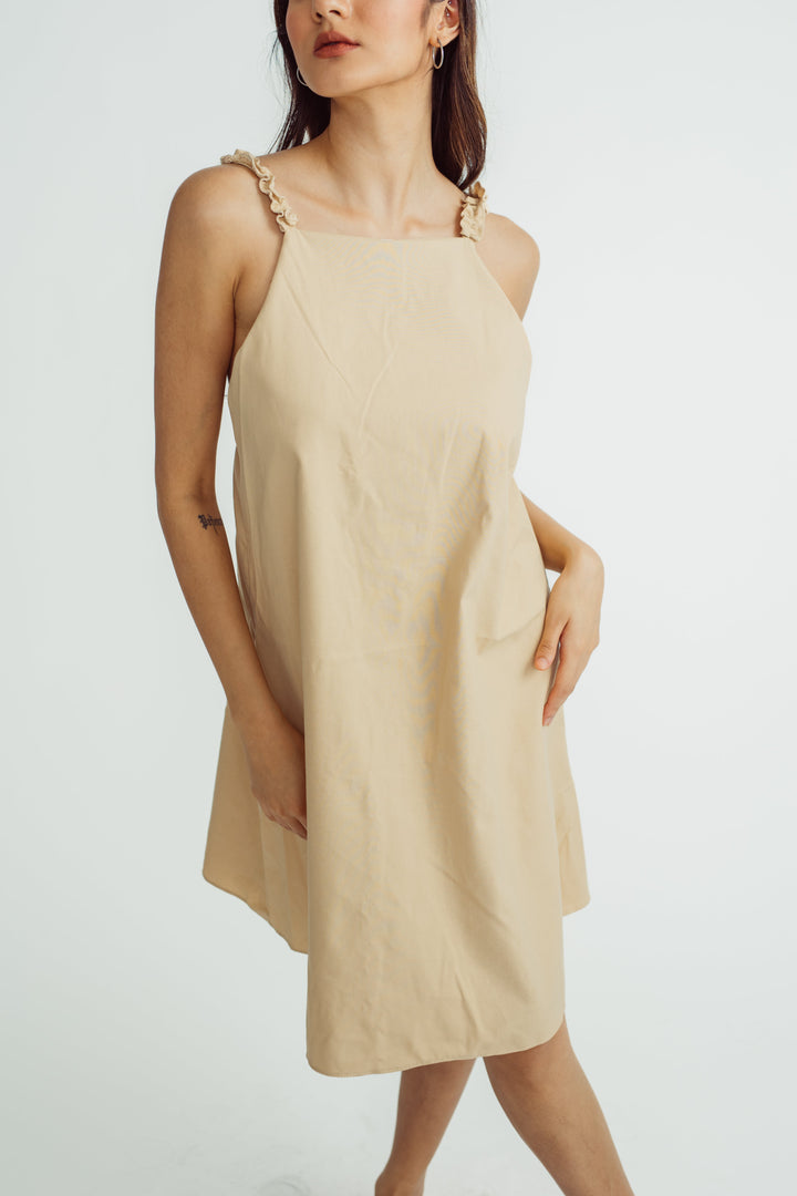 Yolly Beige Linen Halter Sleeveess Ruffle Straps Sexy Back Mini Dress