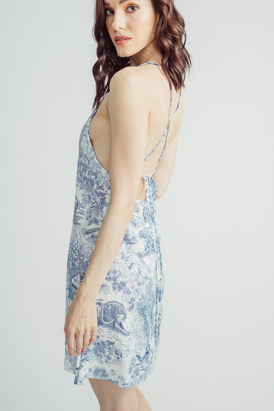 Althea Blue Multi-Print Sleeveless Self Tie Crisscorss Back Mini Dress