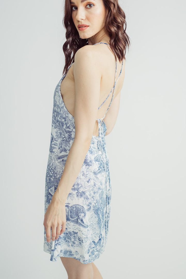 Althea Blue Multi-Print Sleeveless Self Tie Crisscorss Back Mini Dress