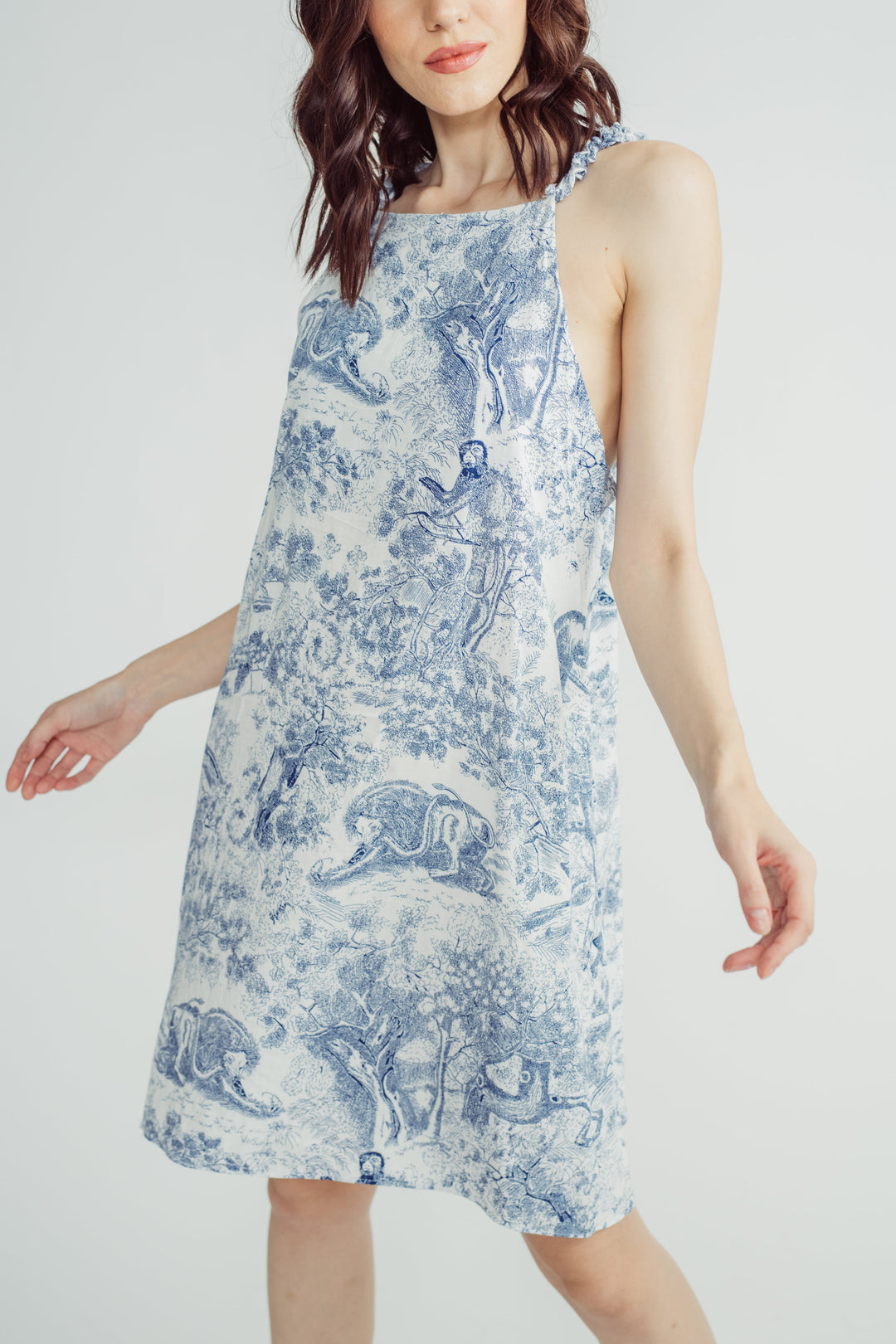Yolly Blue Multi-Print Halter Sleeveess Ruffle Straps Sexy Back Mini Dress