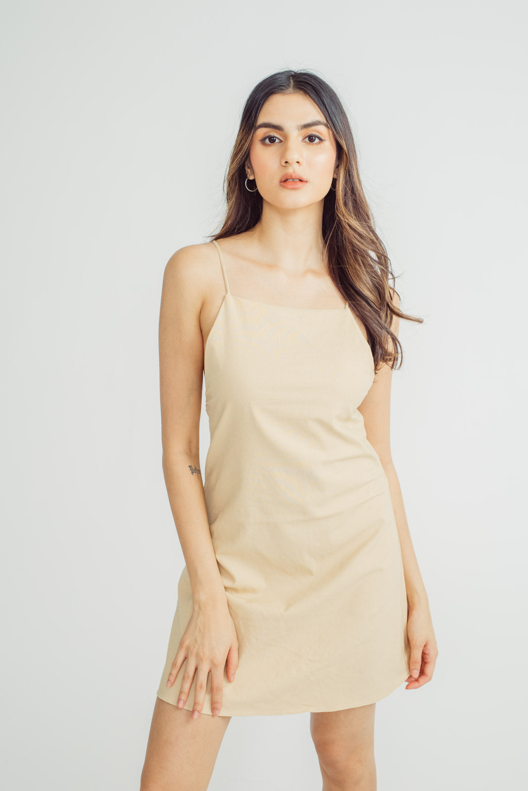 Althea Beige Linen Sleeveless Self Tie Crisscross Back Mini Dress