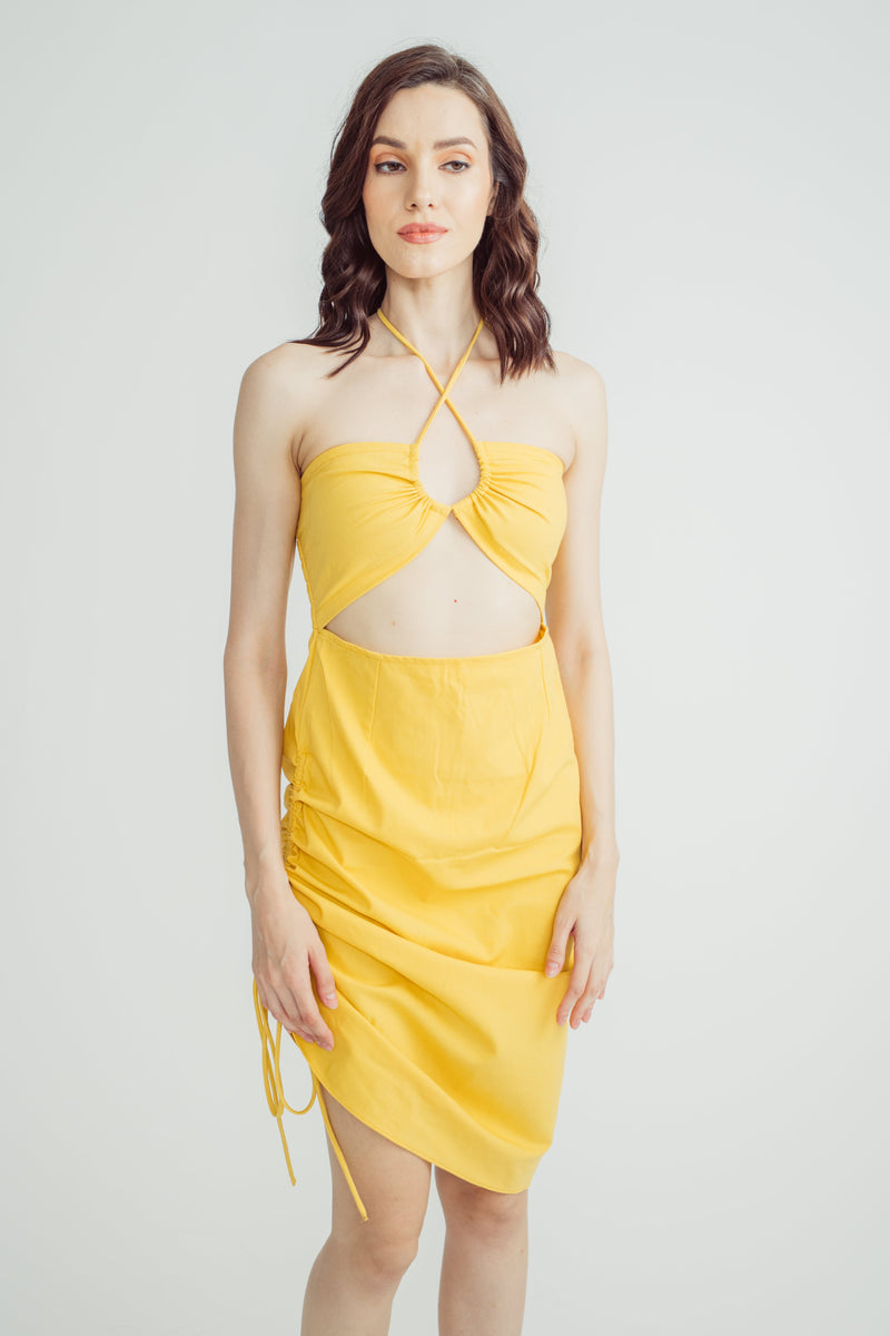 Bettina Mustard Linen Sexy Tube Hollow Out Waist Sleeveless Ruched Side Mini Dress