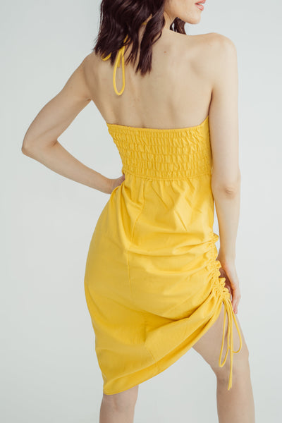 Bettina Mustard Linen Sexy Tube Hollow Out Waist Sleeveless Ruched Side Mini Dress