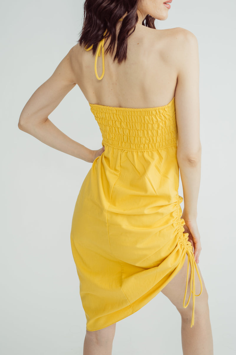 Bettina Mustard Linen Sexy Tube Hollow Out Waist Sleeveless Ruched Side Mini Dress