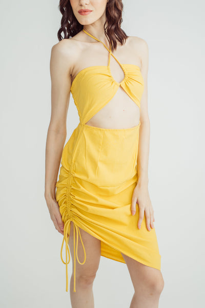 Bettina Mustard Linen Sexy Tube Hollow Out Waist Sleeveless Ruched Side Mini Dress