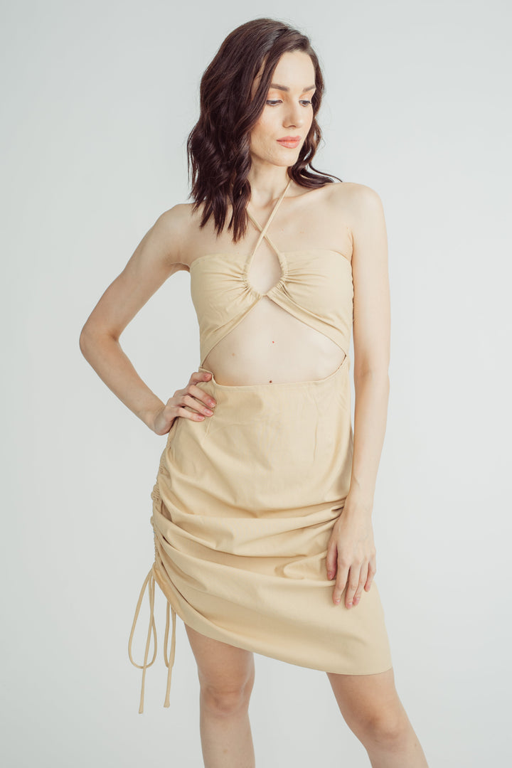 Bettina Beige Linen Sexy Tube Hollow Out Waist Sleeveless Rcuhed Side Mini Dress