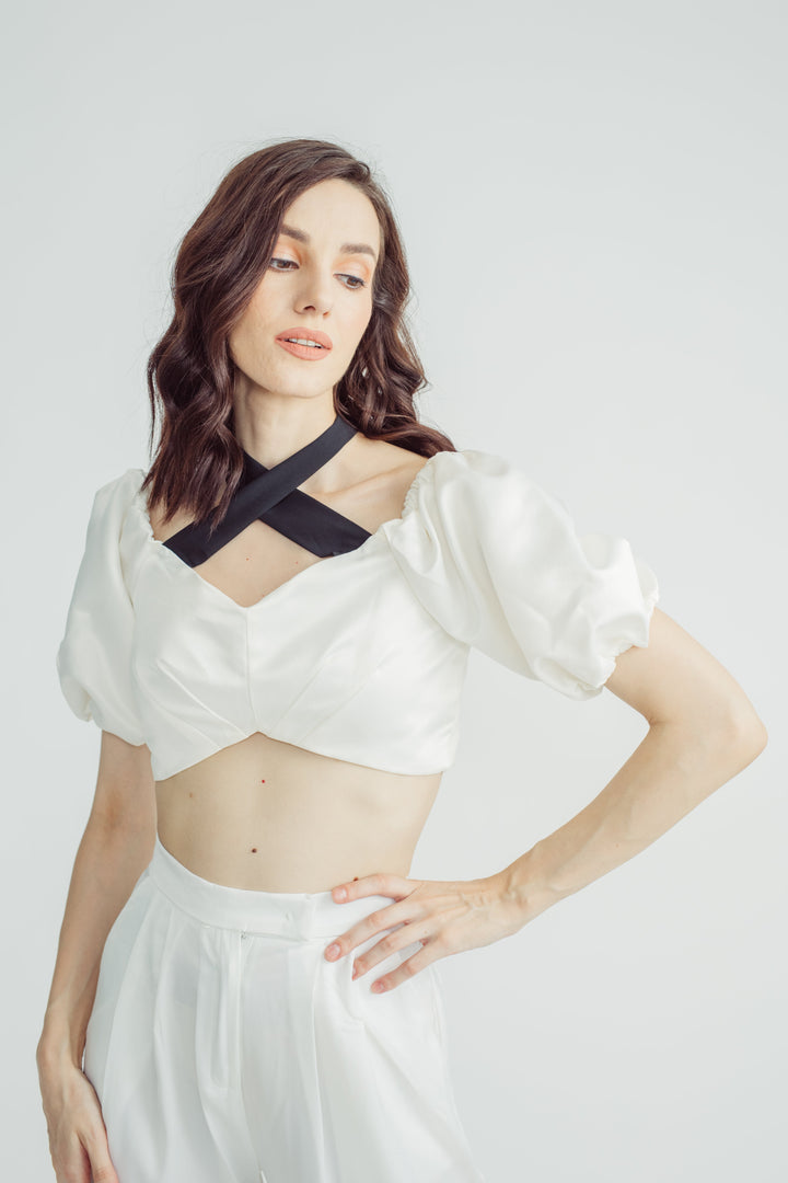 Lizzo White Off Shoulder Puff Sleeves with Black Self Tie Strap Crop Top