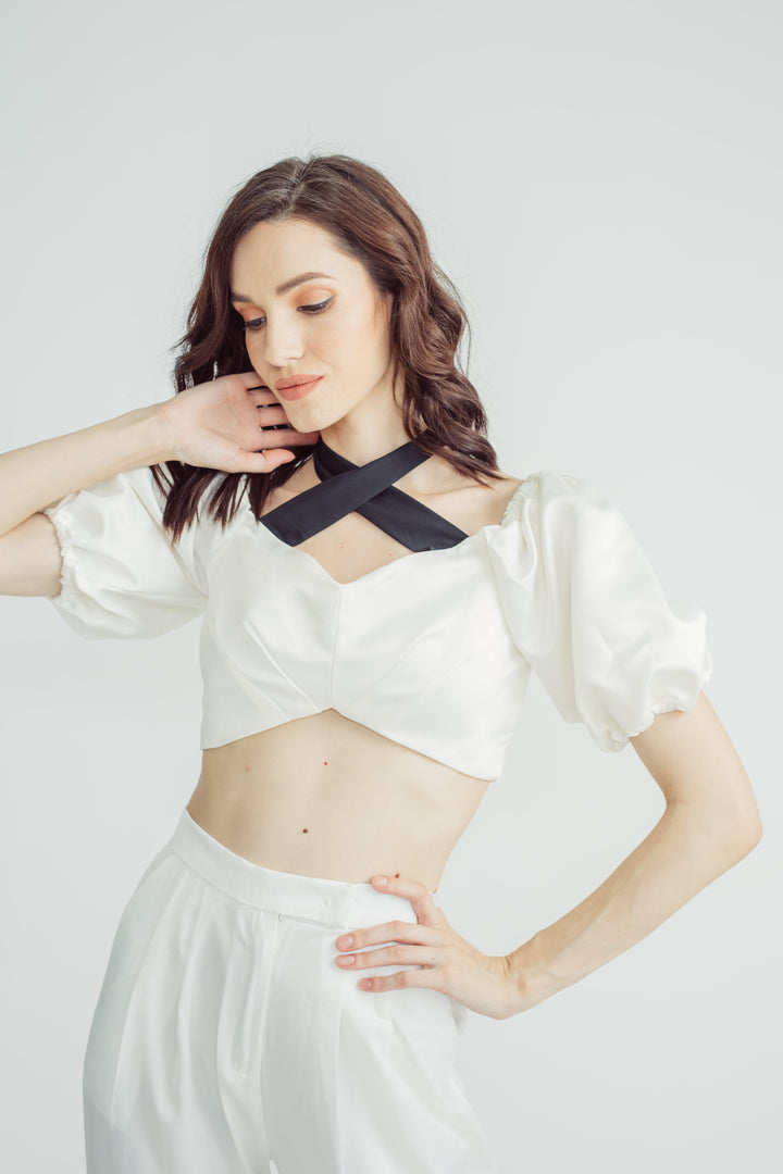 Lizzo White Off Shoulder Puff Sleeves with Black Self Tie Strap Crop Top