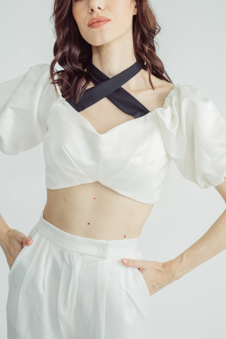 Lizzo White Off Shoulder Puff Sleeves with Black Self Tie Strap Crop Top