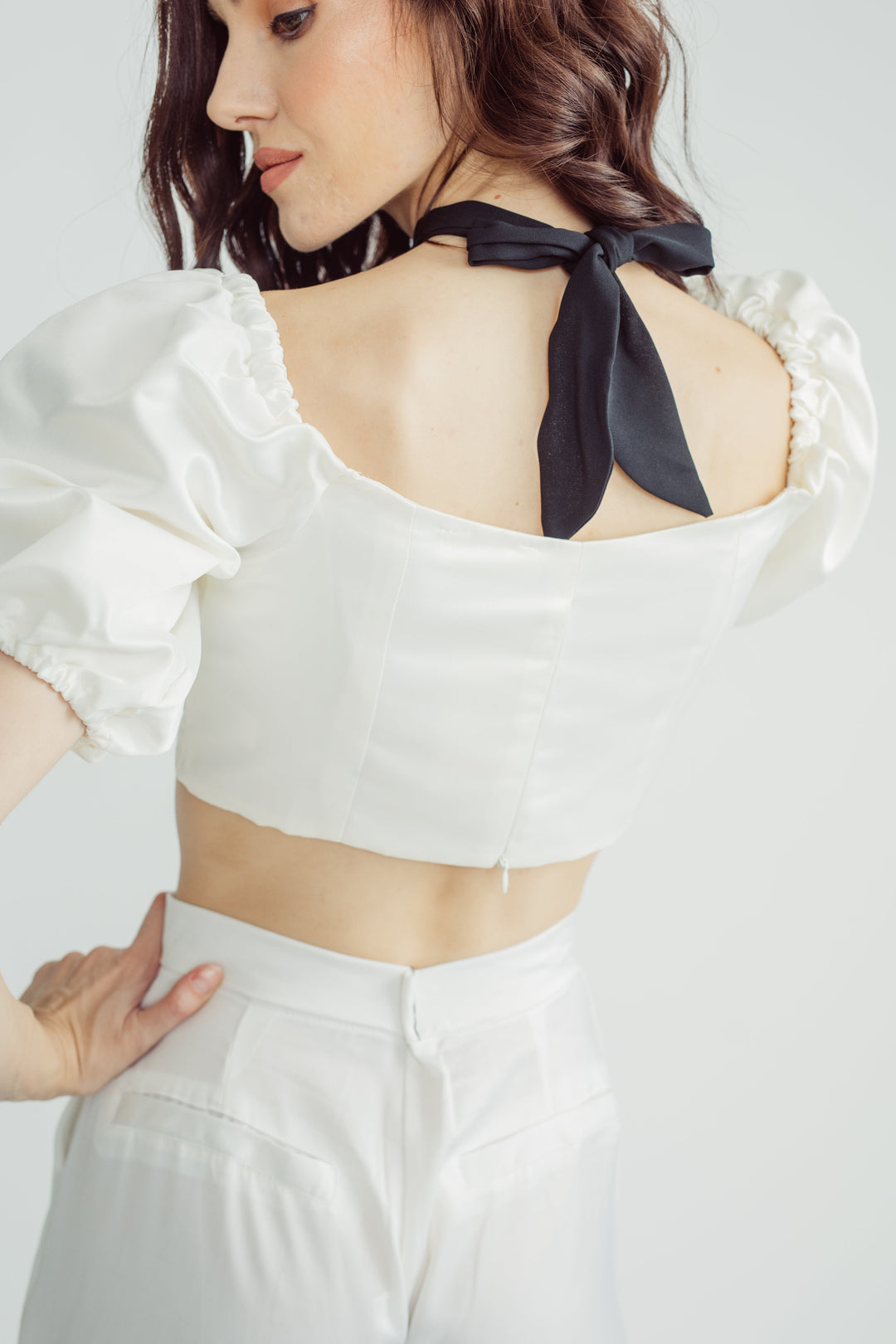 Lizzo White Off Shoulder Puff Sleeves with Black Self Tie Strap Crop Top