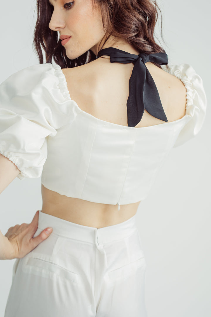 Lizzo White Off Shoulder Puff Sleeves with Black Self Tie Strap Crop Top
