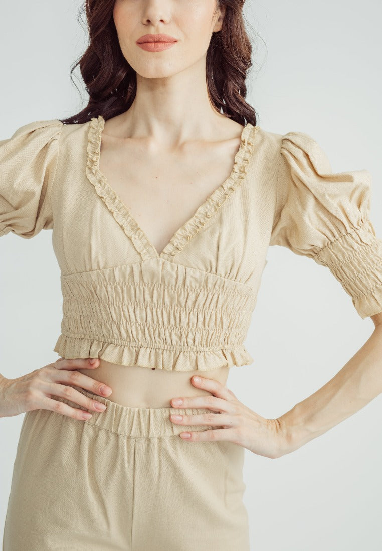Anika Beige V Neck Ruffles Gartered Puff Sleeves Crop Top