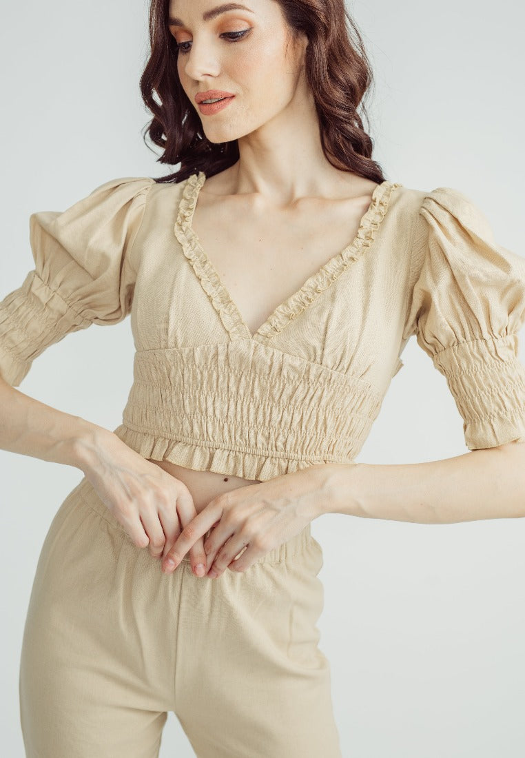 Anika Beige V Neck Ruffles Gartered Puff Sleeves Crop Top