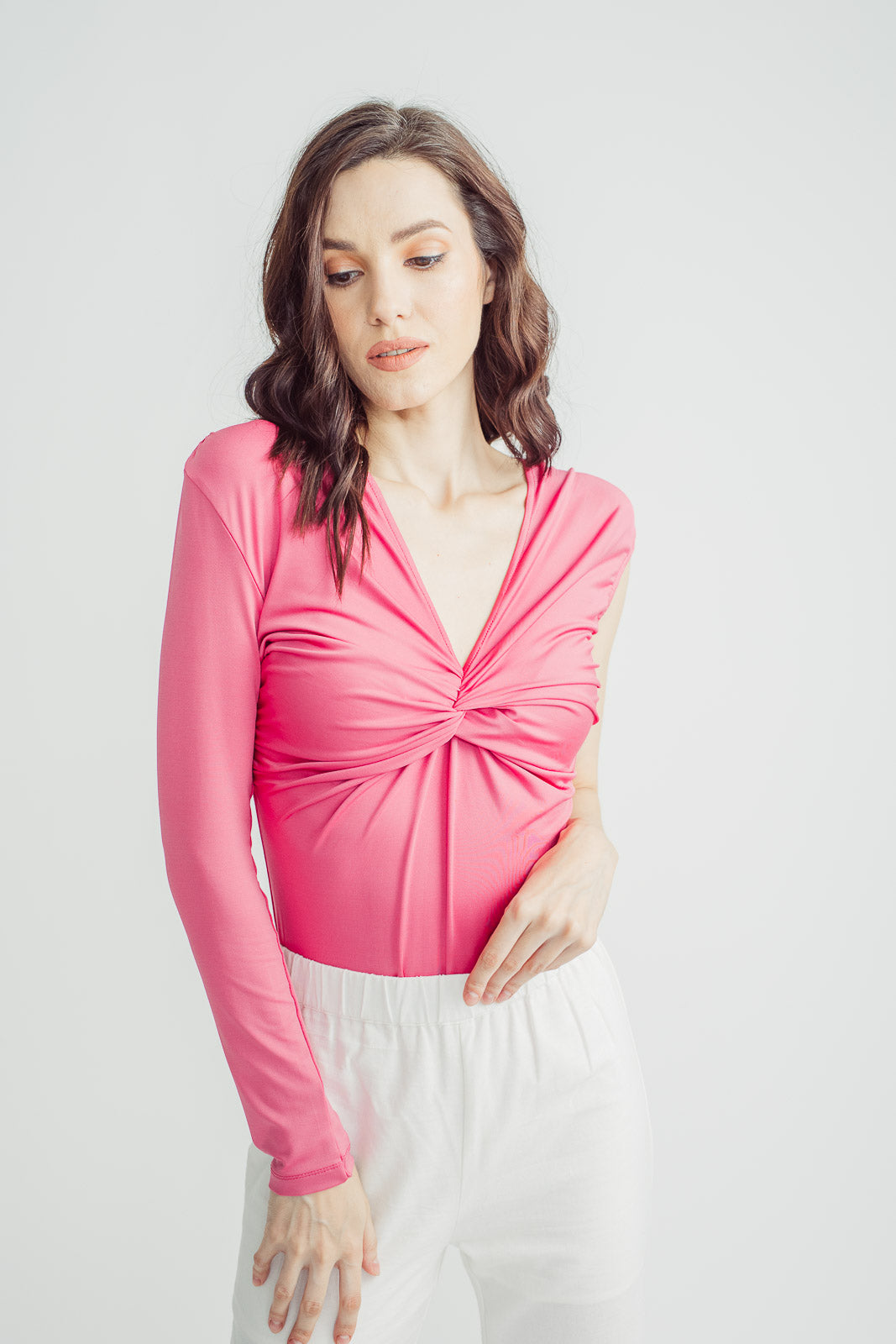 Gia Pink V Neck Ruched Bust One Side Long Sleeve Bodysuit