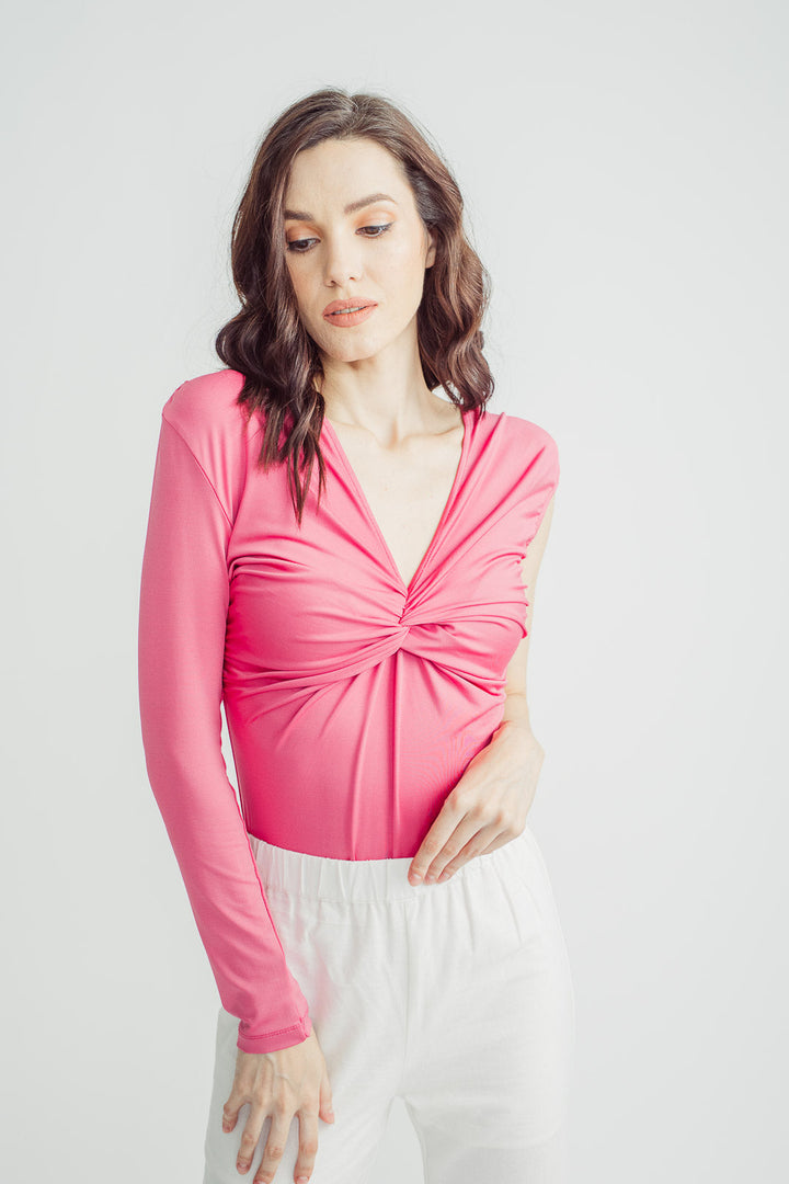 Gia Pink V Neck Ruched Bust One Side Long Sleeve Bodysuit