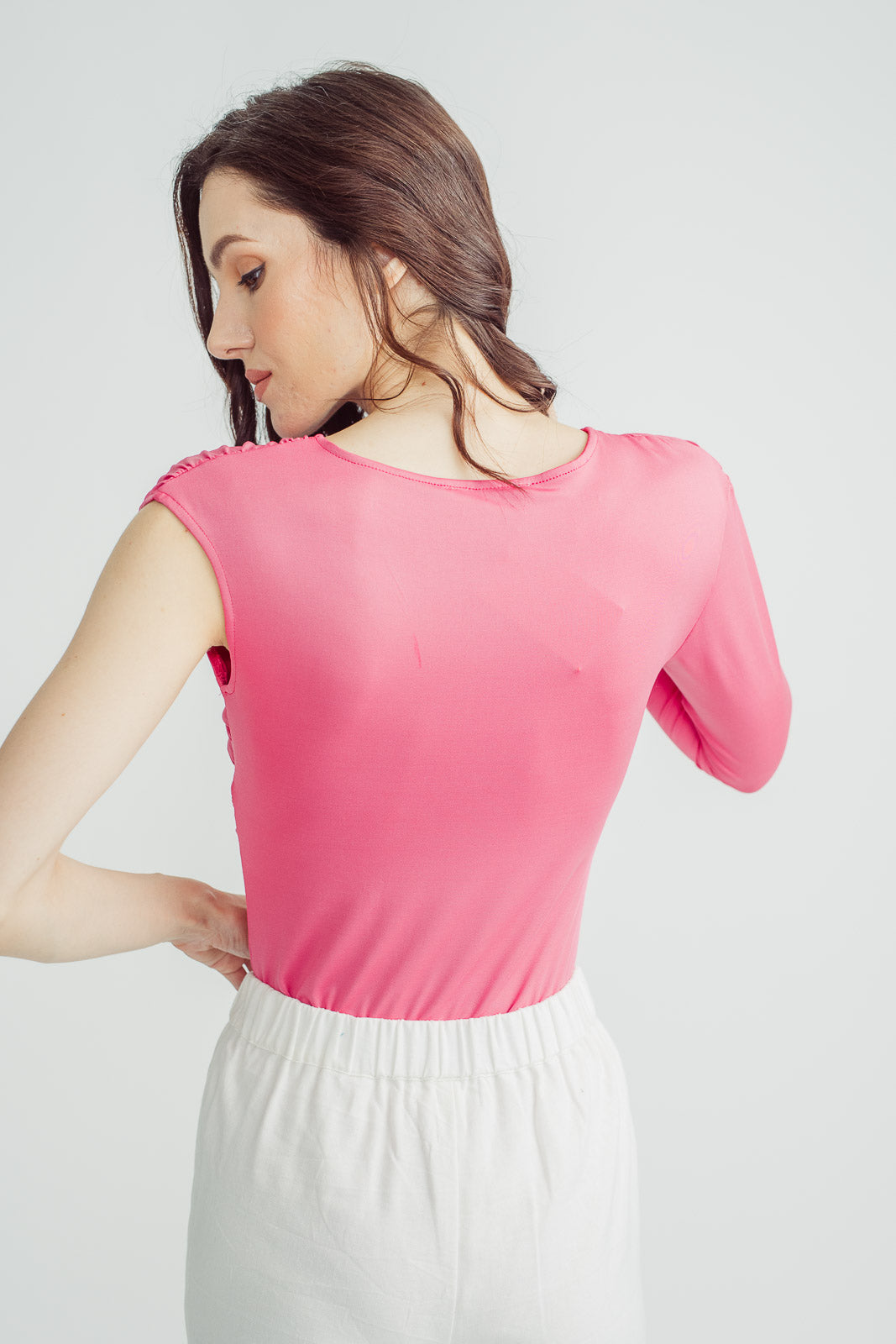 Gia Pink V Neck Ruched Bust One Side Long Sleeve Bodysuit