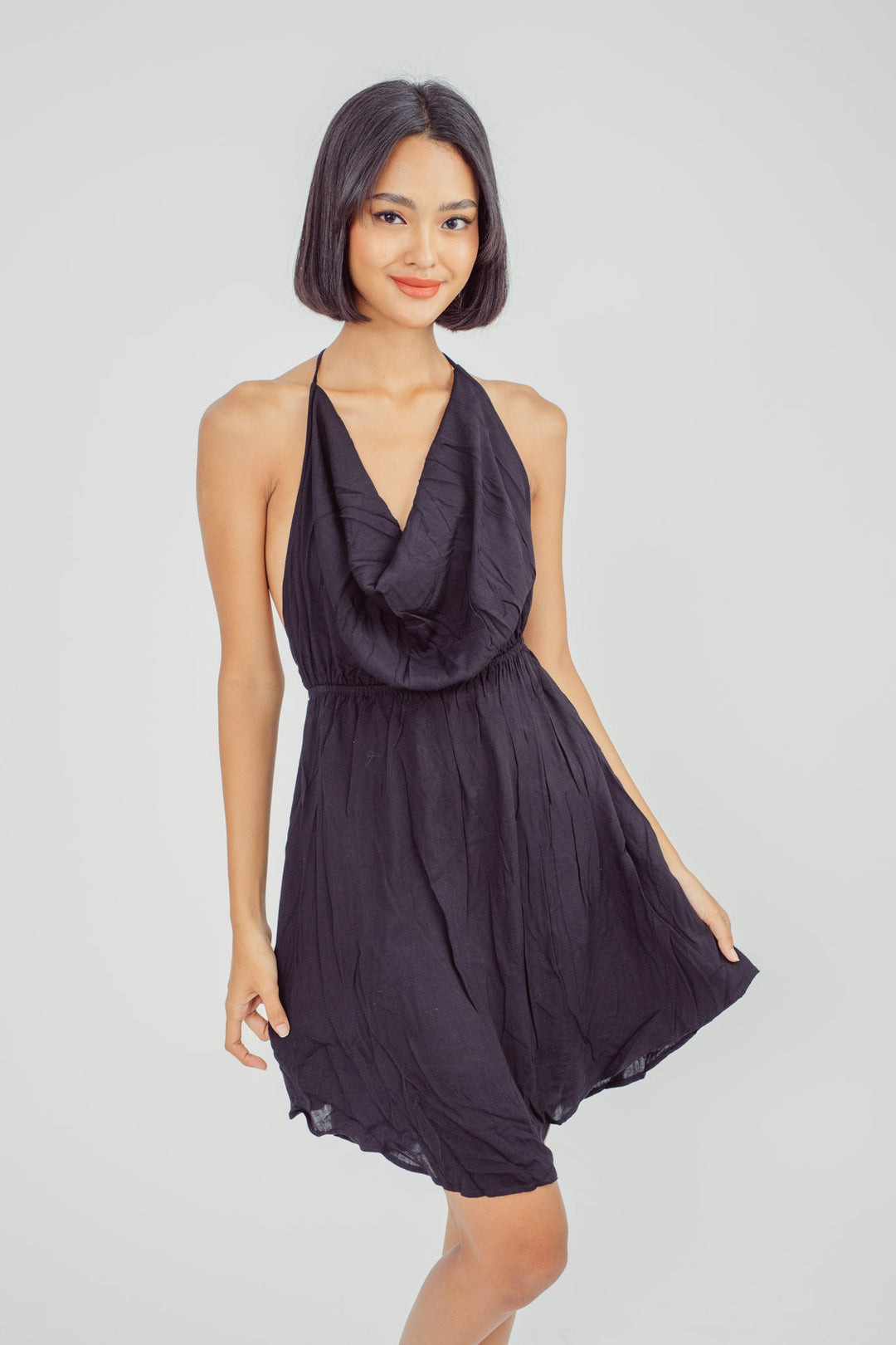 Steffon Black Cowl Neck Sleeveless Crisscross Back Mini Dress