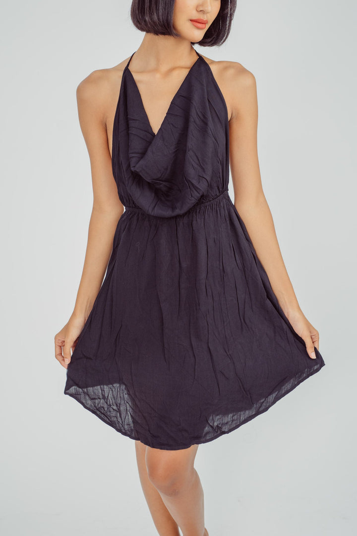 Steffon Black Cowl Neck Sleeveless Crisscross Back Mini Dress