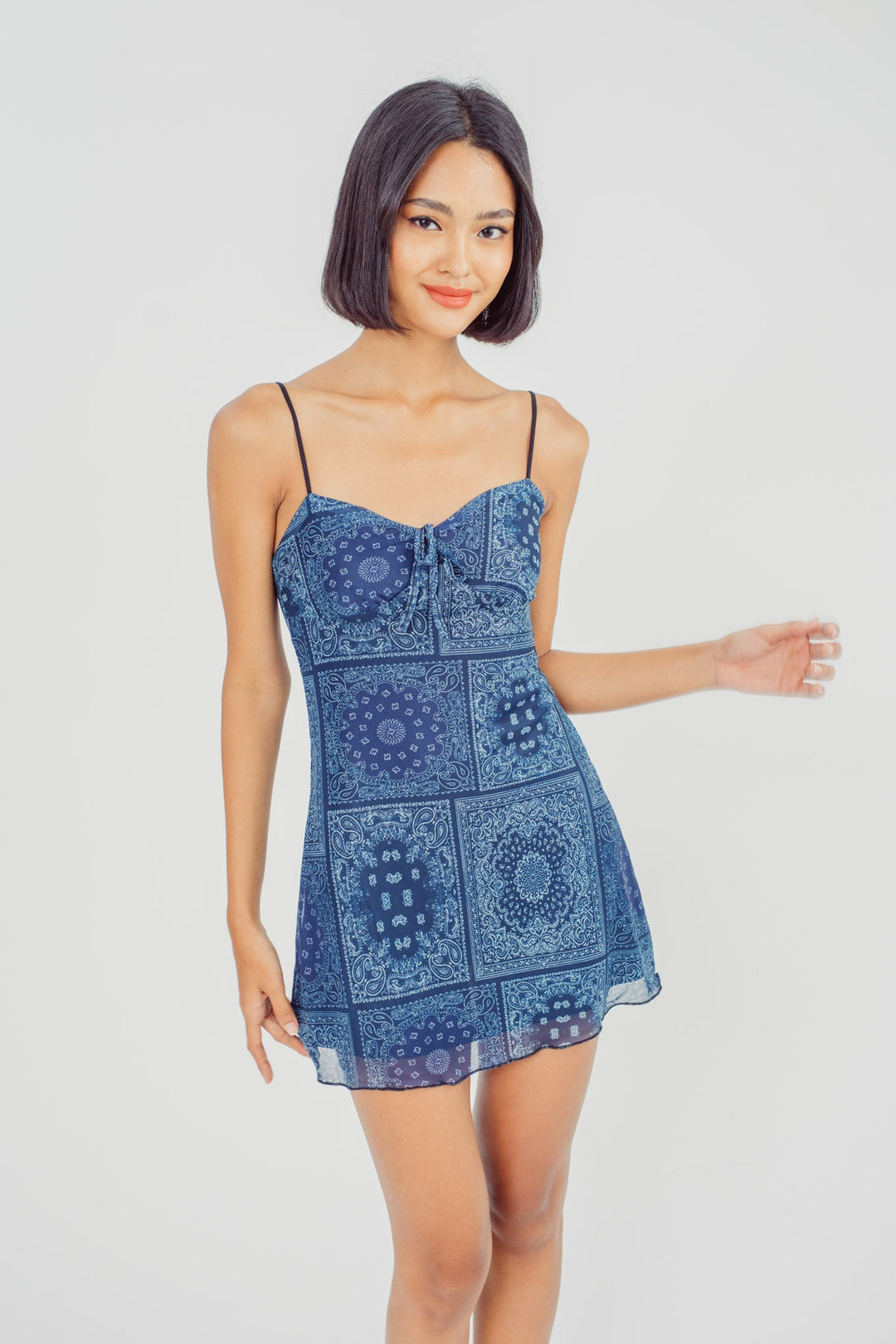 Ravella Blue Patchwork Print V Neck Bow Bust Sleeveless Mini Dress