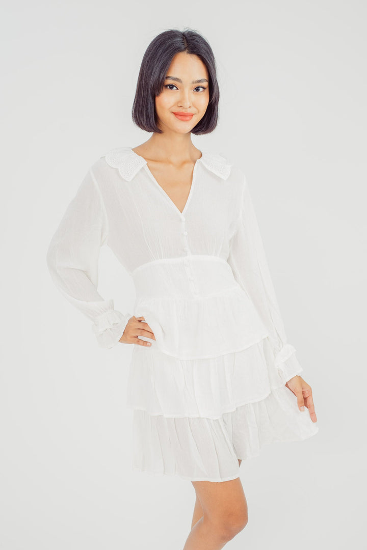Jeor White V Neck Eyelet Collar Button Details Long Sleeves Ruffle Layer Mini Dress