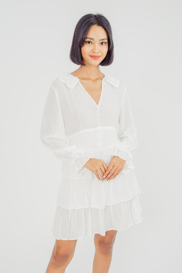 Jeor White V Neck Eyelet Collar Button Details Long Sleeves Ruffle Layer Mini Dress