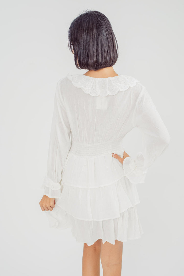 Jeor White V Neck Eyelet Collar Button Details Long Sleeves Ruffle Layer Mini Dress