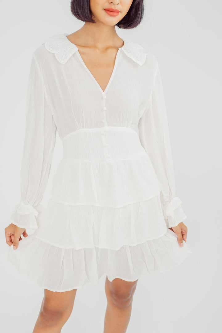 Jeor White V Neck Eyelet Collar Button Details Long Sleeves Ruffle Layer Mini Dress