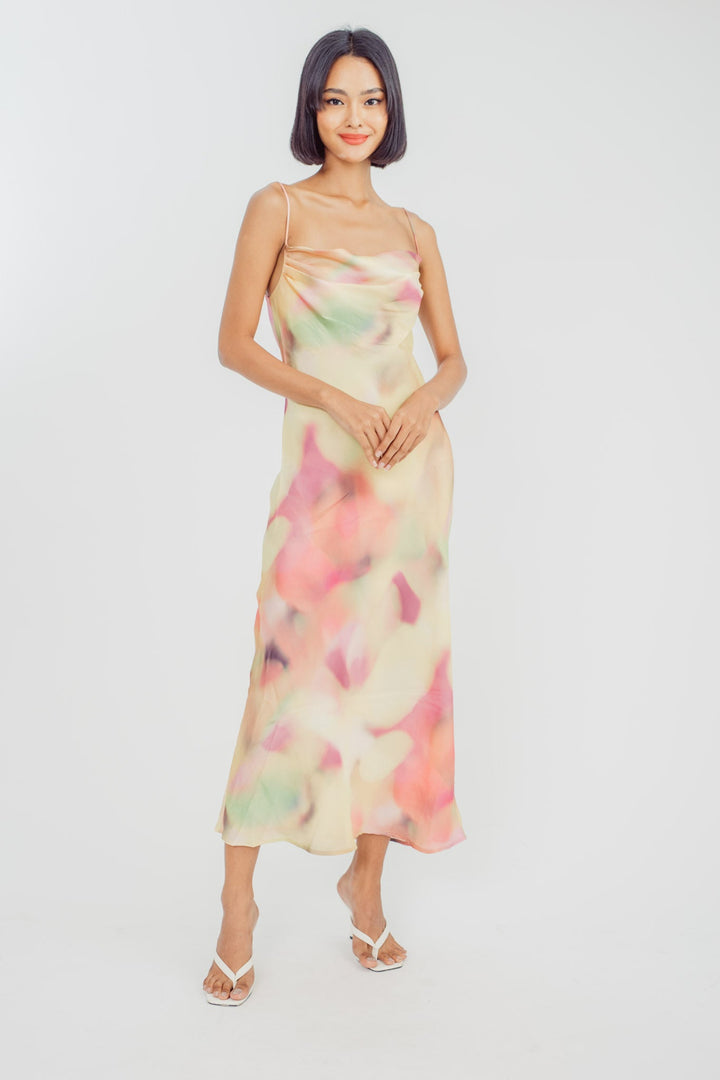 Khal Pastel Multicolor Tie Dye Cowl Neckline Sleeveless Crisscross Midi Dress