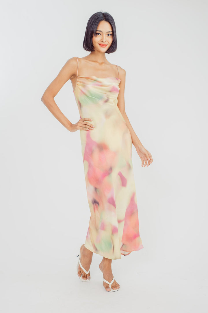 Khal Pastel Multicolor Tie Dye Cowl Neckline Sleeveless Crisscross Midi Dress