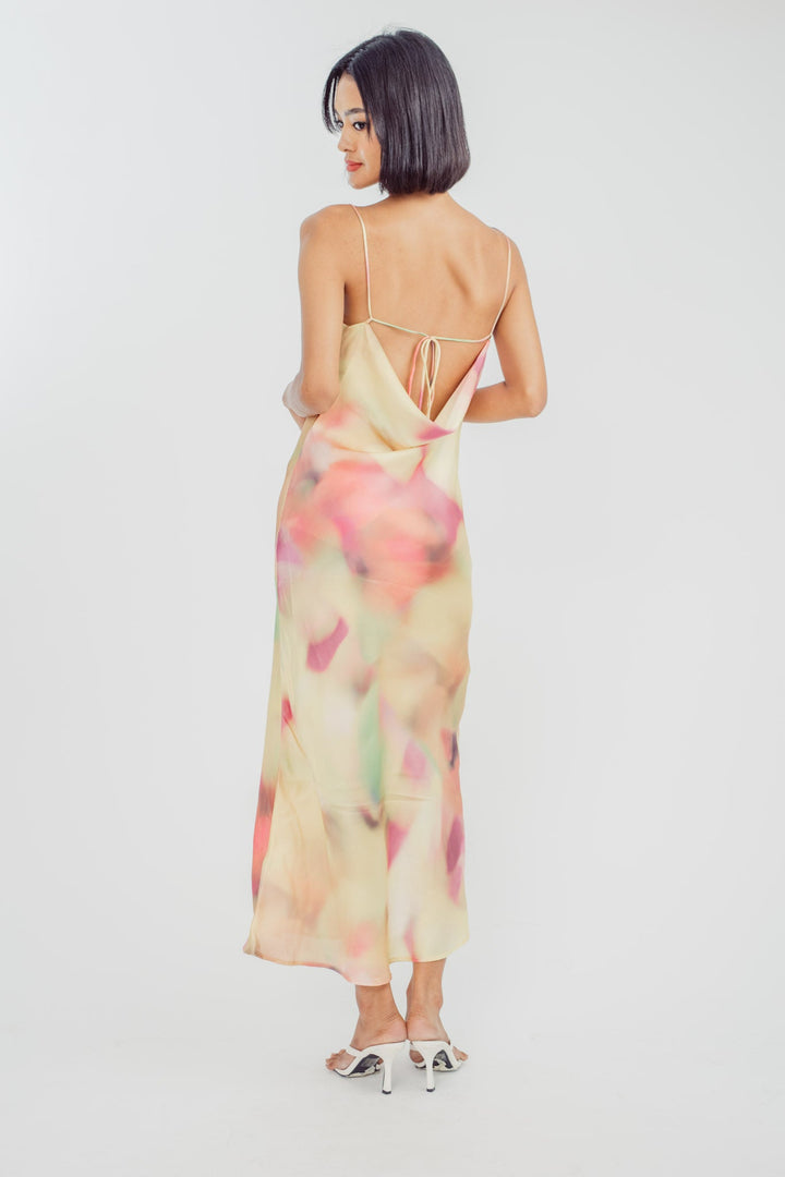 Khal Pastel Multicolor Tie Dye Cowl Neckline Sleeveless Crisscross Midi Dress