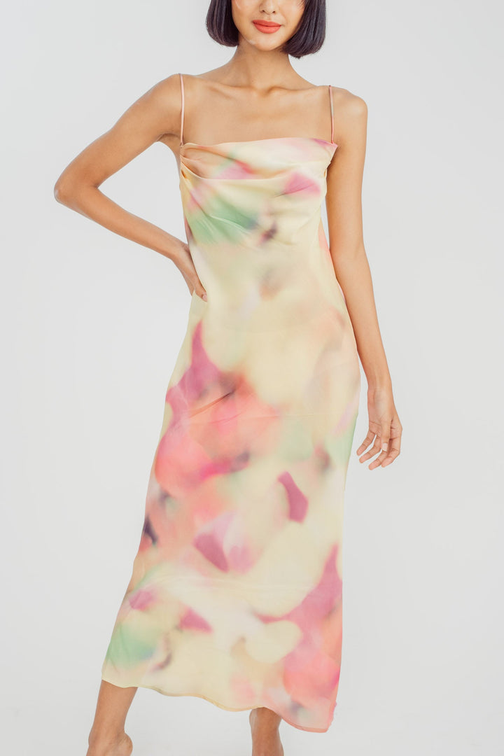 Khal Pastel Multicolor Tie Dye Cowl Neckline Sleeveless Crisscross Midi Dress