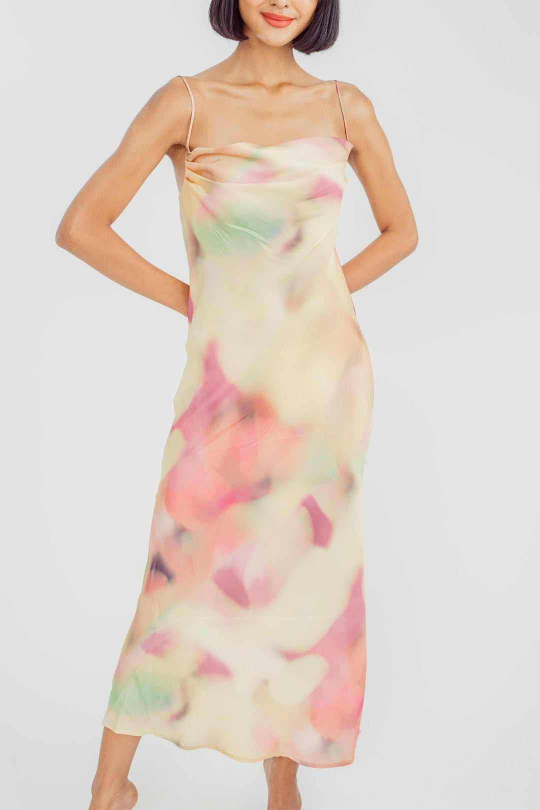Khal Pastel Multicolor Tie Dye Cowl Neckline Sleeveless Crisscross Midi Dress