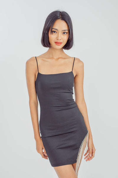 Kiki Black Sexy Square Neck Sleeveless Side Diamond Sequins Fringe Mini Dress