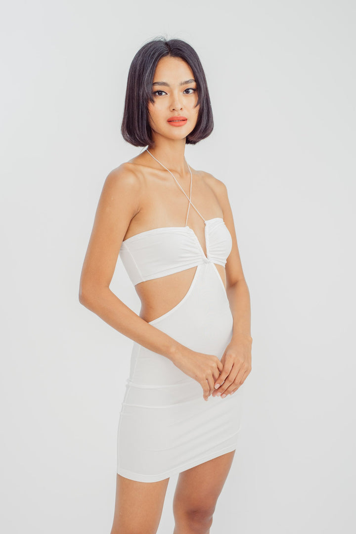 Ramone White Tube with Neck Strap V Neck Waist Cut Bodycon Mini Dress