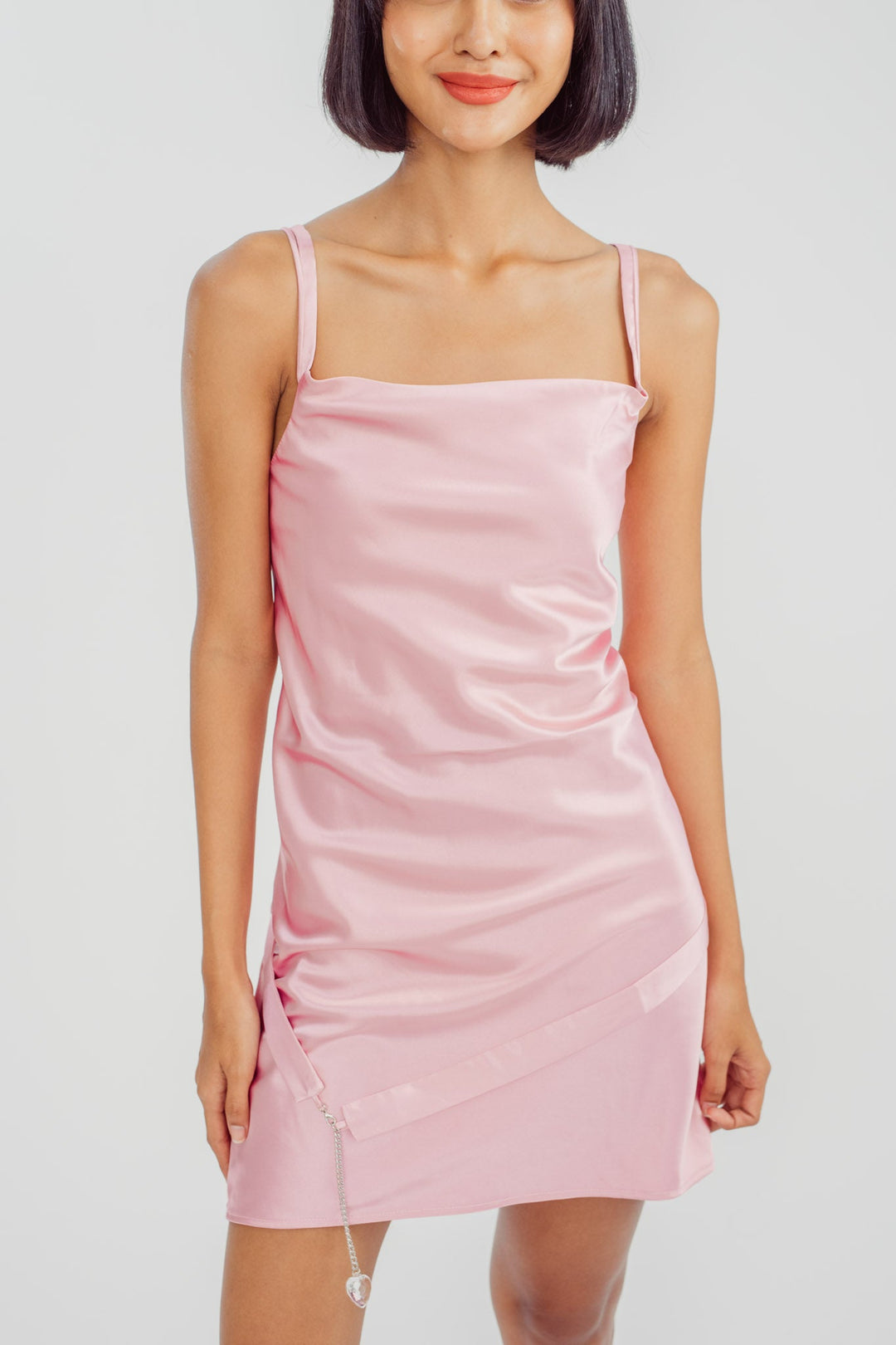Kaila Pink Silk Cowl Neck Sleeveless 2-Strap Mini Dress with Belt